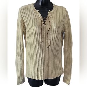 Lauren Ralph Lauren Tan Fisherman Sweater Womens L Silk Linen Cotton Leather Tie